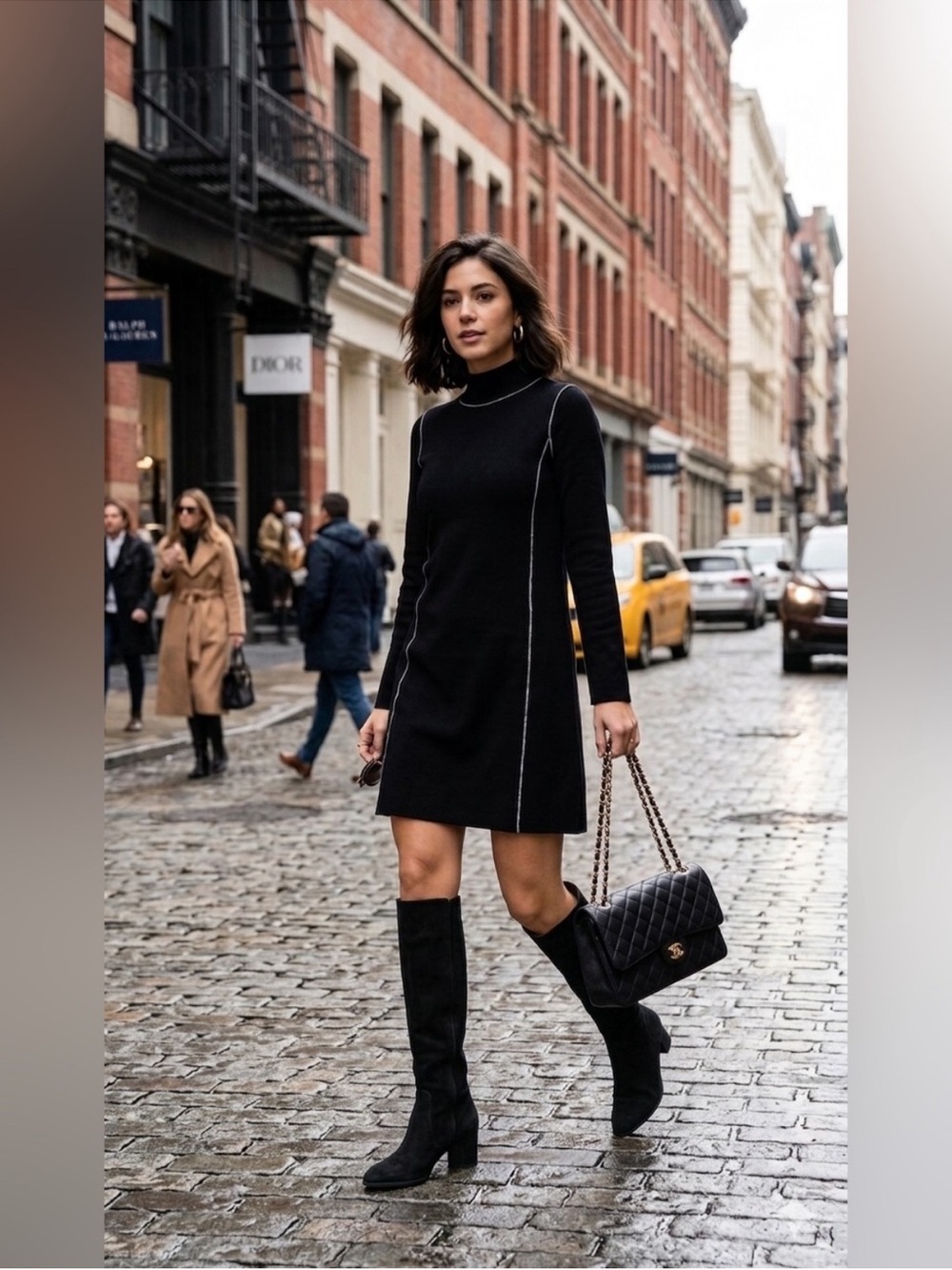 Max Studio Black Long-Sleeve Shift Dress with Contrast Piping